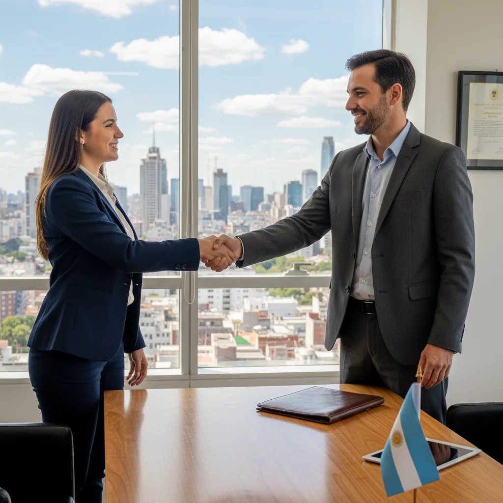 A photorealistic image of a young professional adult in a modern office setting in Argentina, confidently shaking hands with a business colleague during a job interview, symbolizing career advancement and the role of recommendations in employment. The scene includes subtle Argentine elements like a flag or Buenos Aires skyline in the background, conveying success and opportunity without focusing on any documents. No children are present.