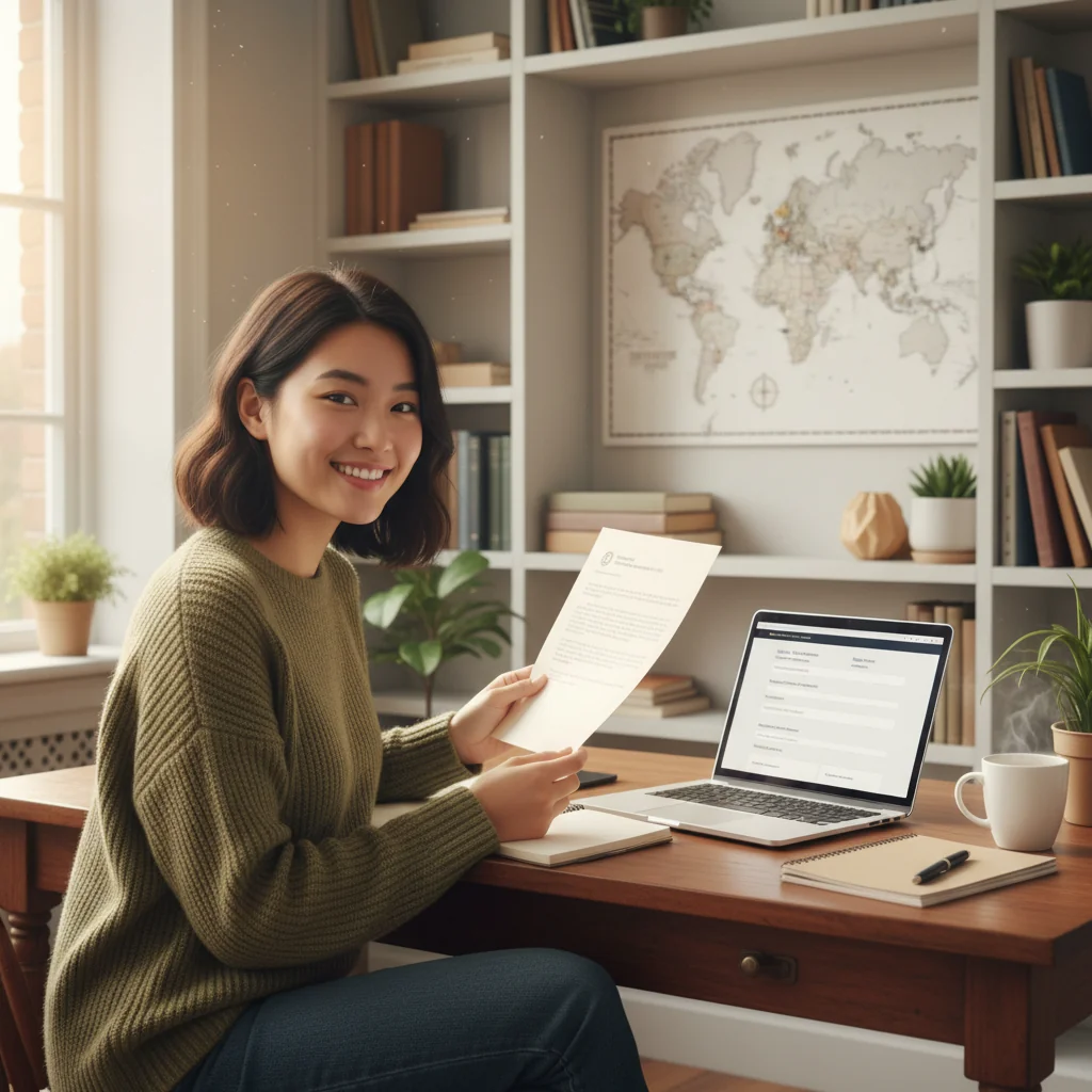 A photorealistic image of a young adult student in their early 20s, sitting at a desk in a cozy study room, eagerly reviewing a recommendation letter from a mentor while holding a passport and looking excited about studying abroad. The scene conveys aspiration and the importance of supportive documents in the study abroad application process. No children are present.