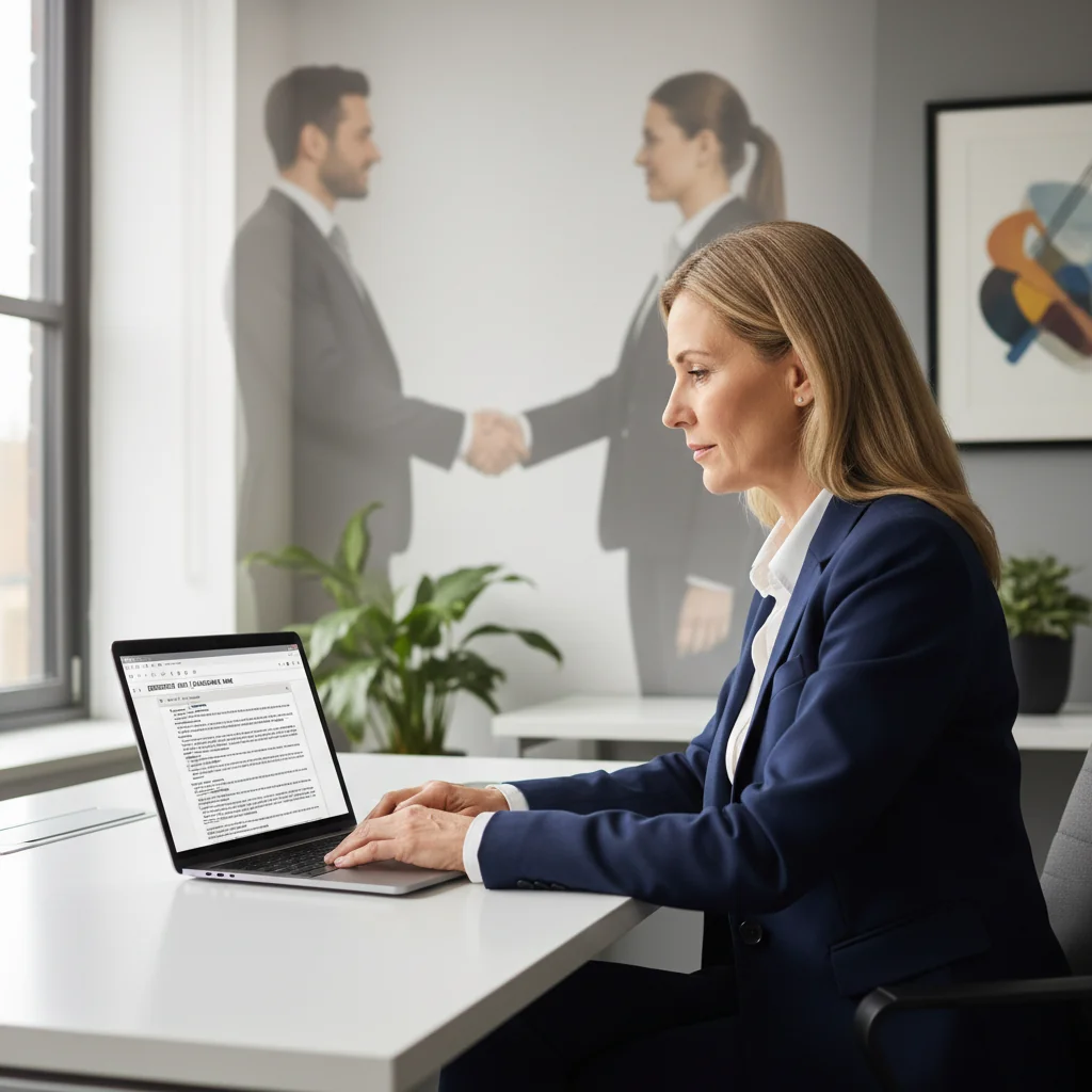 A photorealistic image depicting a professional mentor and a young adult professional shaking hands in a modern UK office setting, symbolizing the endorsement and recommendation provided by a reference letter, with no children present.