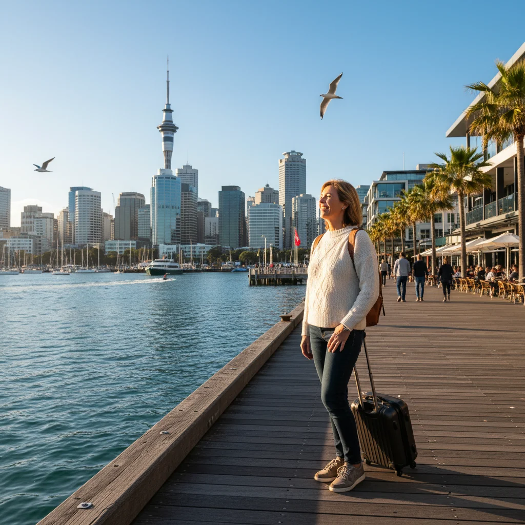 A photorealistic image depicting a hopeful adult immigrant arriving in New Zealand, standing on a scenic waterfront in Auckland with the city skyline and harbor in the background, symbolizing new beginnings and opportunities for immigration.
