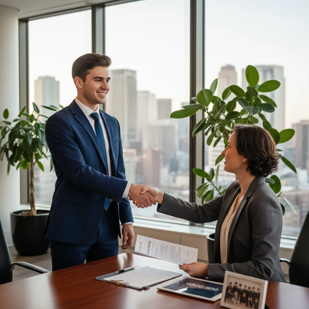 A photorealistic image of a young adult professional in a business suit, confidently shaking hands with a recruiter in a modern office setting during a job interview, symbolizing the importance of recommendations in job hunting.