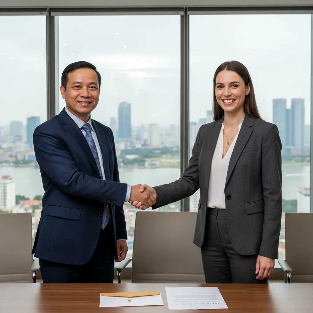 A photorealistic image of a professional Vietnamese businessperson in a modern office setting in Vietnam, shaking hands with a colleague during a formal introduction or networking meeting, symbolizing the purpose of an introduction letter in facilitating business or personal connections. The scene is bright and professional, with subtle Vietnamese cultural elements like a cityscape view of Hanoi or Ho Chi Minh City in the background. No children are present in the image.