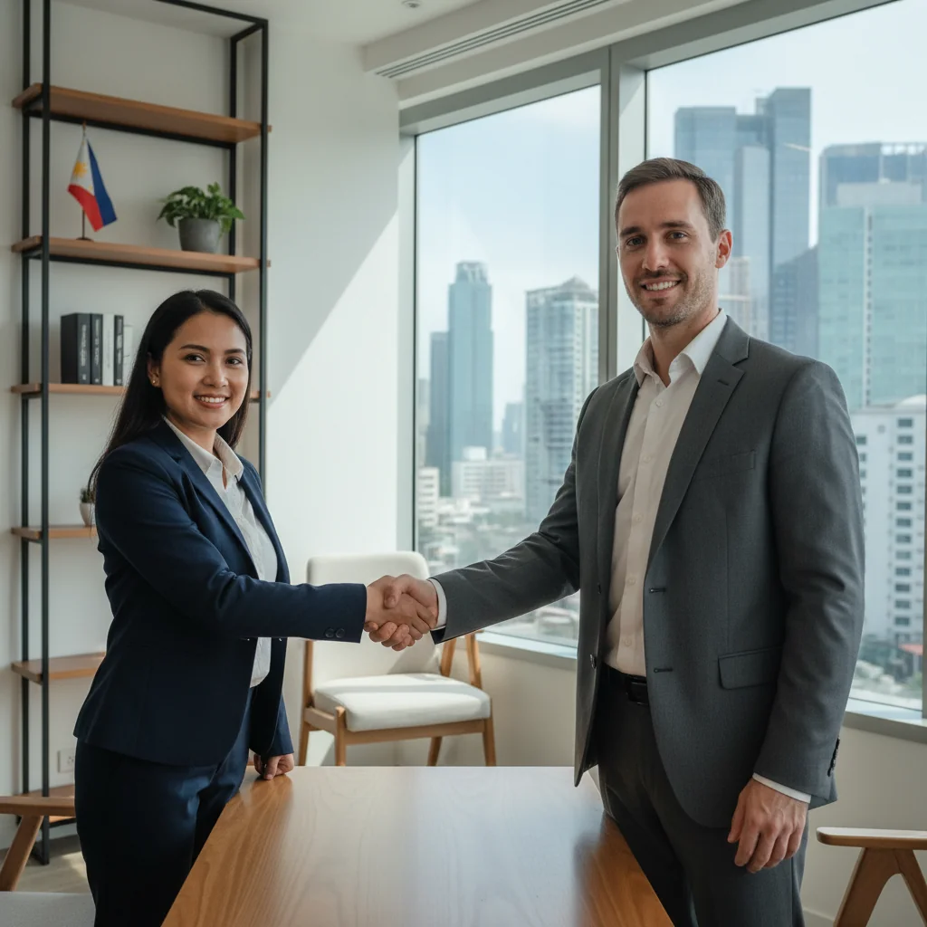 A photorealistic image of a professional adult shaking hands with another professional in a modern office setting in the Philippines, symbolizing endorsement and recommendation for career advancement, with subtle Philippine cultural elements like a flag in the background. No children are present.