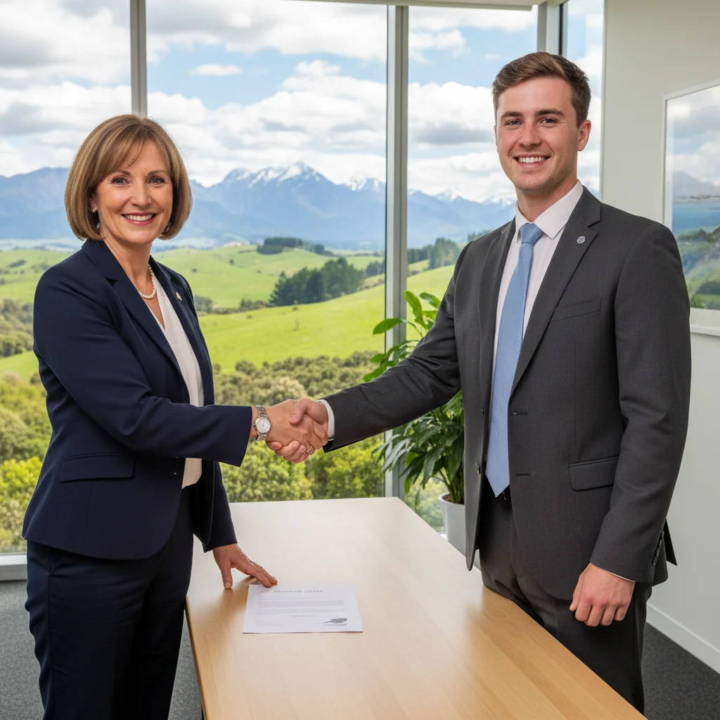 A photorealistic image of a professional mentor in a modern New Zealand office, warmly shaking hands with a young adult job candidate during a successful reference check meeting, symbolizing endorsement for employment, with scenic Kiwi elements like a window view of green hills in the background, conveying trust, opportunity, and career advancement in the New Zealand job market.