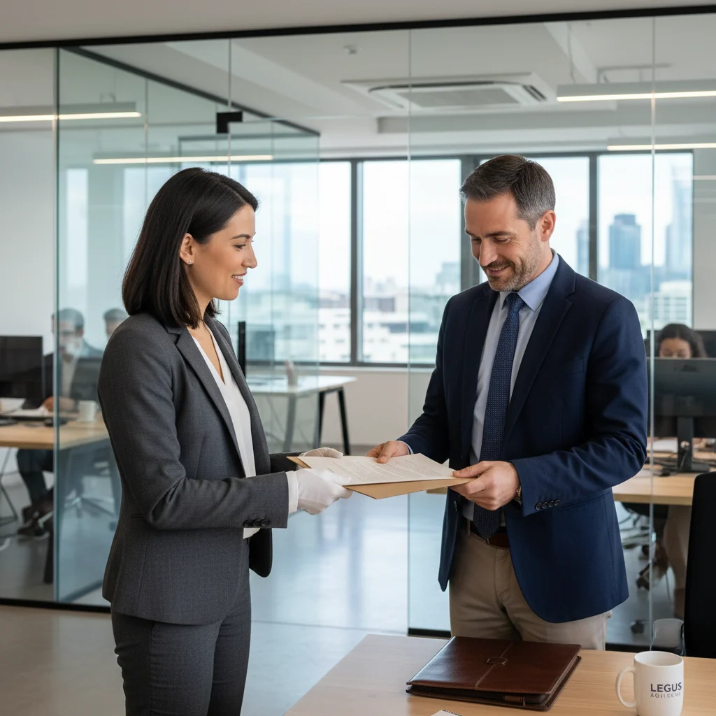 A photorealistic image of a professional adult handing a reference letter to another adult in a modern office setting, symbolizing trust and endorsement in career advancement, with no children present.