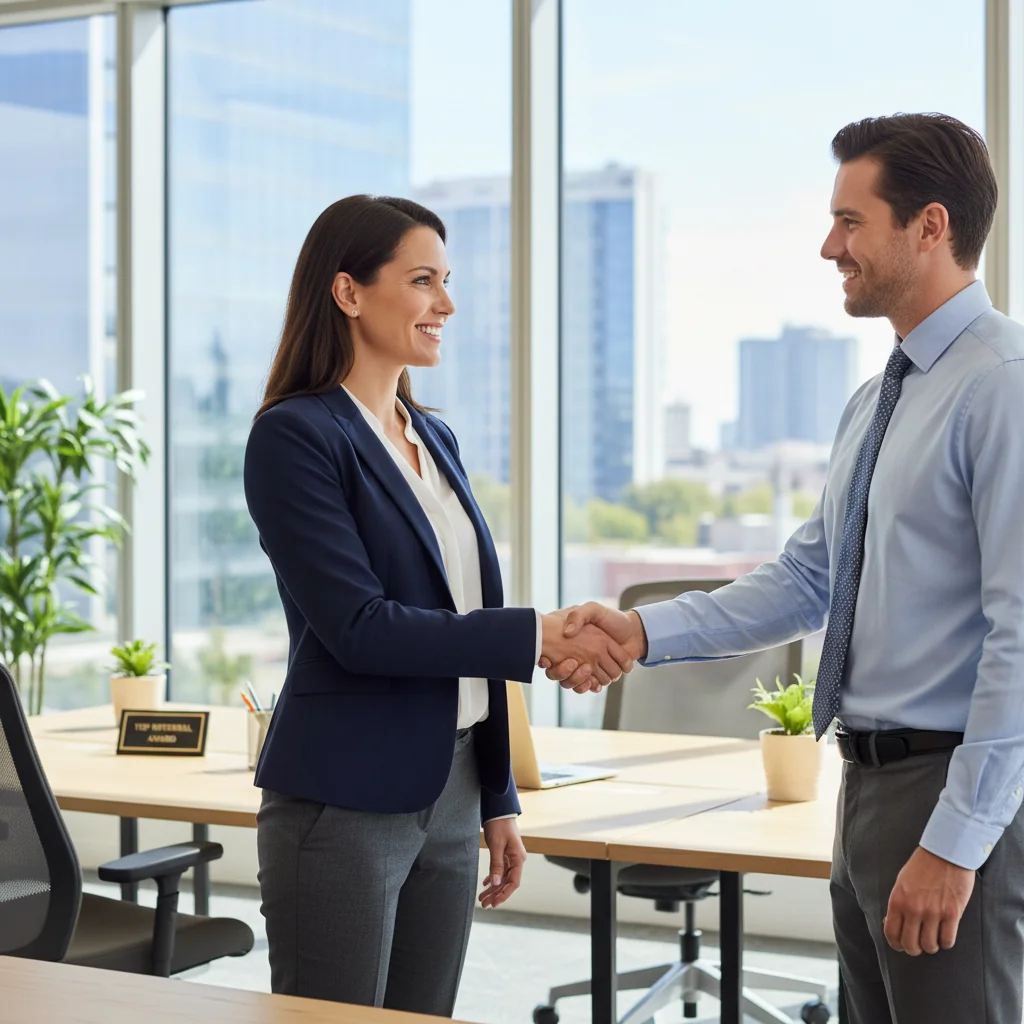 A photorealistic image symbolizing the successful transition in a professional career, featuring a confident adult employee shaking hands with a colleague in a modern office environment, representing the positive outcome of a good work reference without showing any documents.