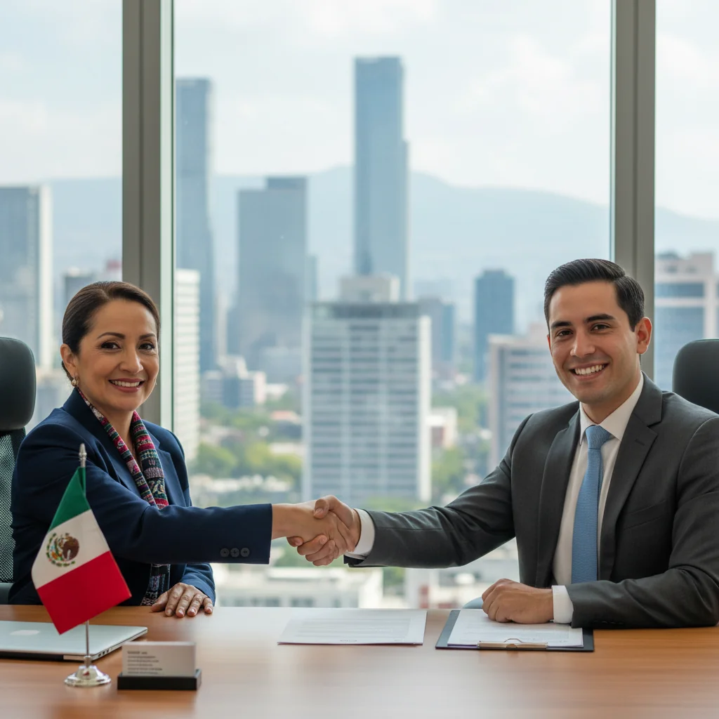 A photorealistic image of a professional adult mentor and a young adult student shaking hands in a modern office setting in Mexico, symbolizing recommendation and opportunity for career or academic advancement, with subtle Mexican cultural elements like a flag or landmarks in the background. No children are present.