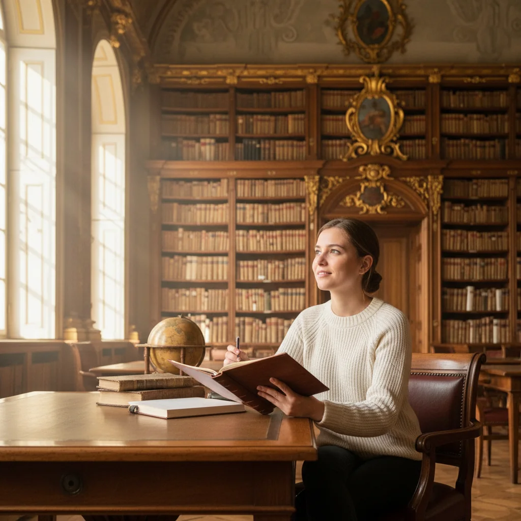 A photorealistic image of a young adult student in an academic setting in Portugal, such as a historic university library in Lisbon or Porto, looking confident and inspired while holding an open notebook, symbolizing the pursuit of higher education and the supportive role of recommendation letters.