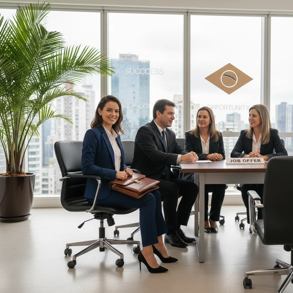 A photorealistic image depicting a professional adult in a Brazilian job interview setting, symbolizing the importance of recommendation letters in selective processes, with the candidate confidently presenting themselves to a panel of interviewers in a modern office environment.