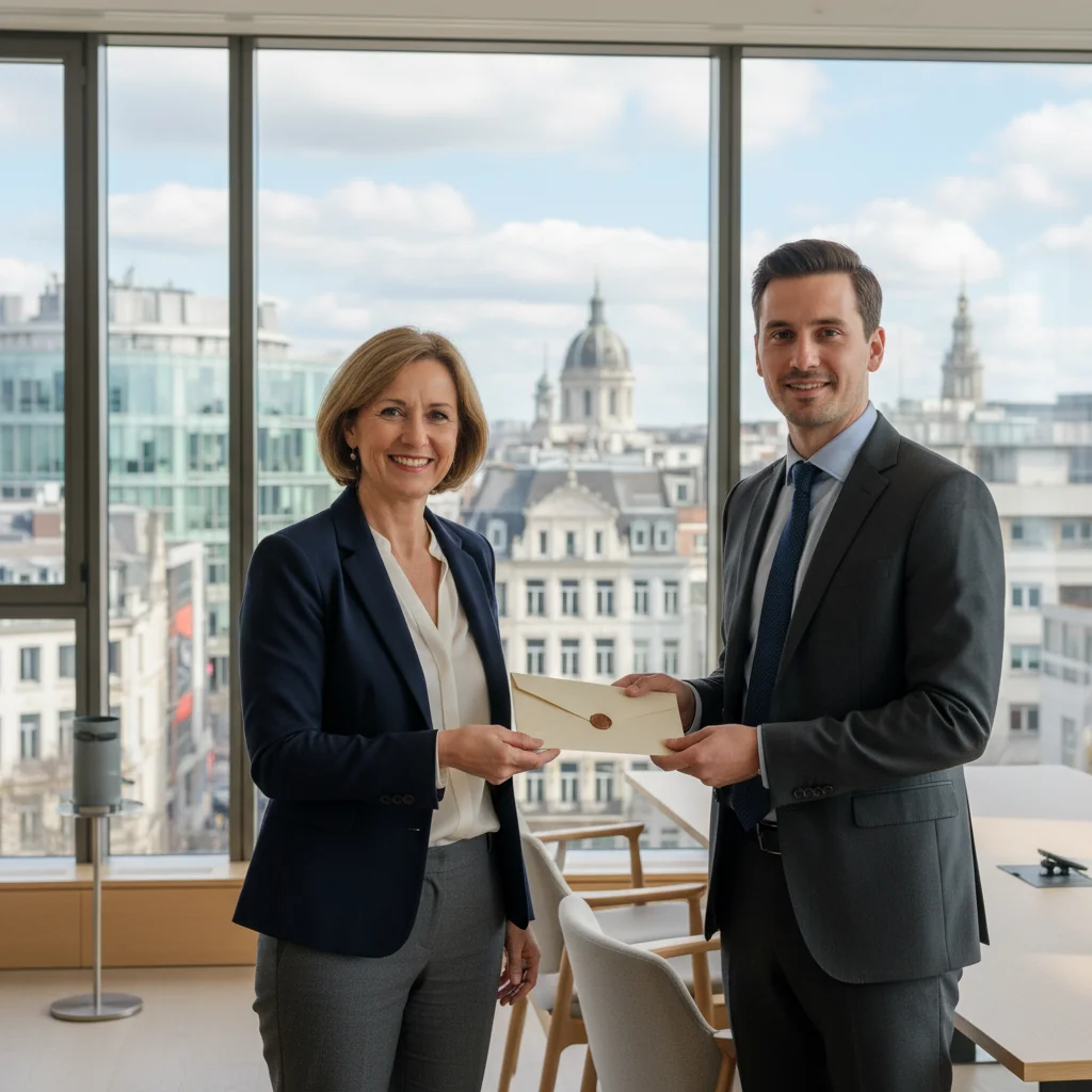 A photorealistic image of a professional mentor and a young adult professional shaking hands in a modern Belgian office setting, symbolizing endorsement and career advancement through recommendation, with subtle Belgian elements like a flag or Brussels architecture in the background. No children are present.