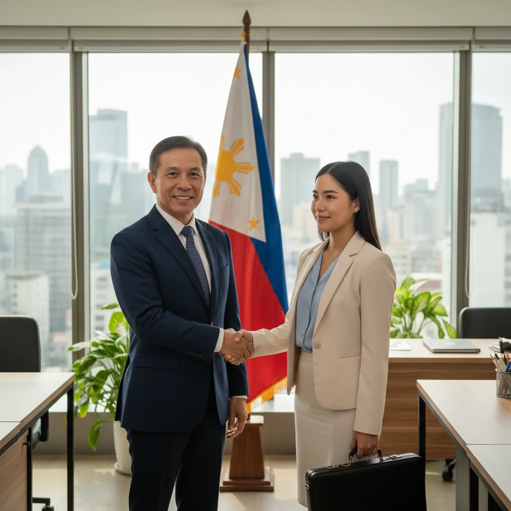 A photorealistic image of a professional adult mentor in a Philippine office setting, warmly shaking hands with a young adult professional, symbolizing endorsement and recommendation for career advancement.