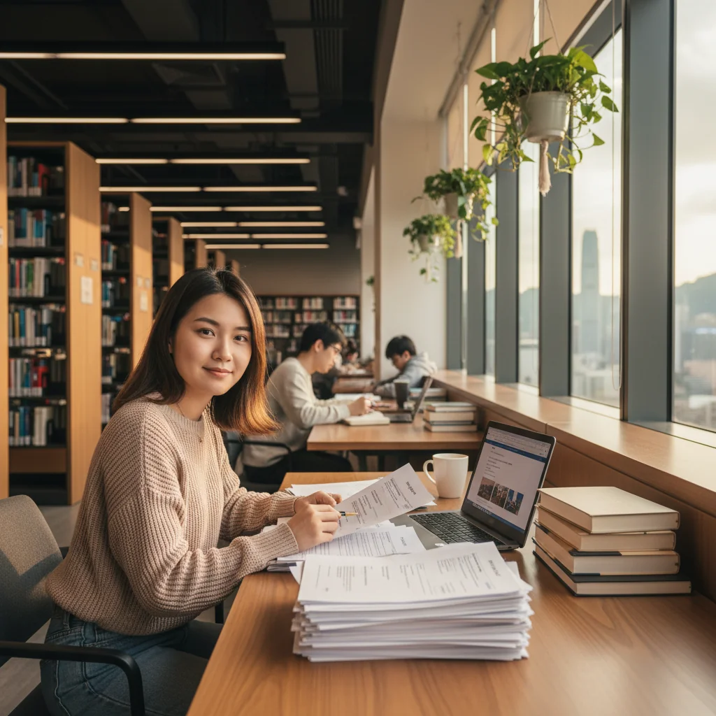 A photorealistic image symbolizing the importance of recommendation letters in university applications in Hong Kong, featuring a young adult student in a modern university library or campus setting, looking determined while reviewing application documents, with subtle Hong Kong skyline in the background, conveying aspiration and academic success.