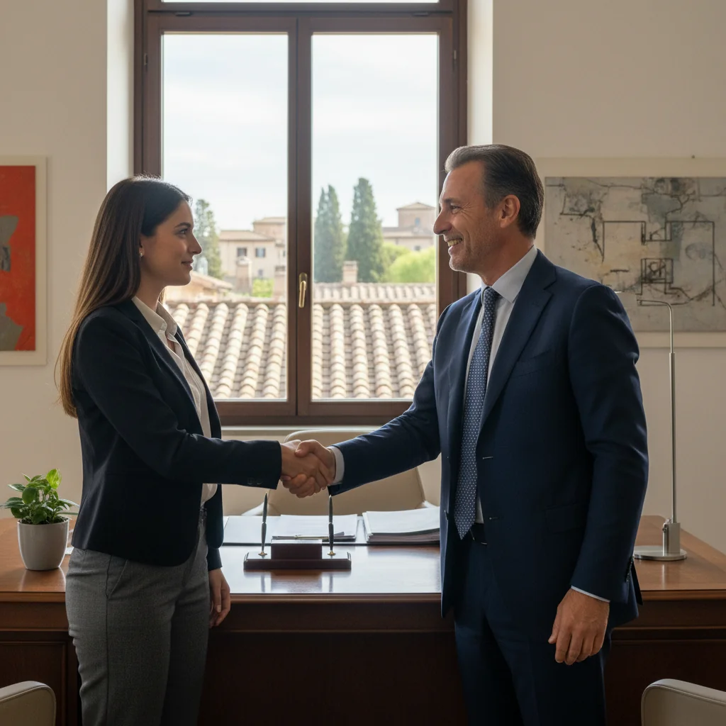 A photorealistic image of a professional mentor and a young adult professional shaking hands in a modern Italian office setting, symbolizing endorsement and career support, with subtle Italian elements like a flag or architecture in the background. No children are present.