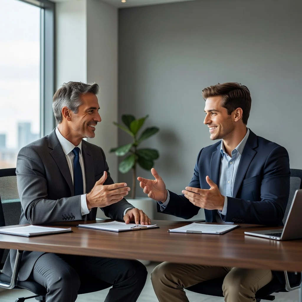 A photorealistic image of a professional adult mentor and mentee in a modern office, engaged in a positive discussion about career advice, symbolizing successful recommendation without focusing on any document.
