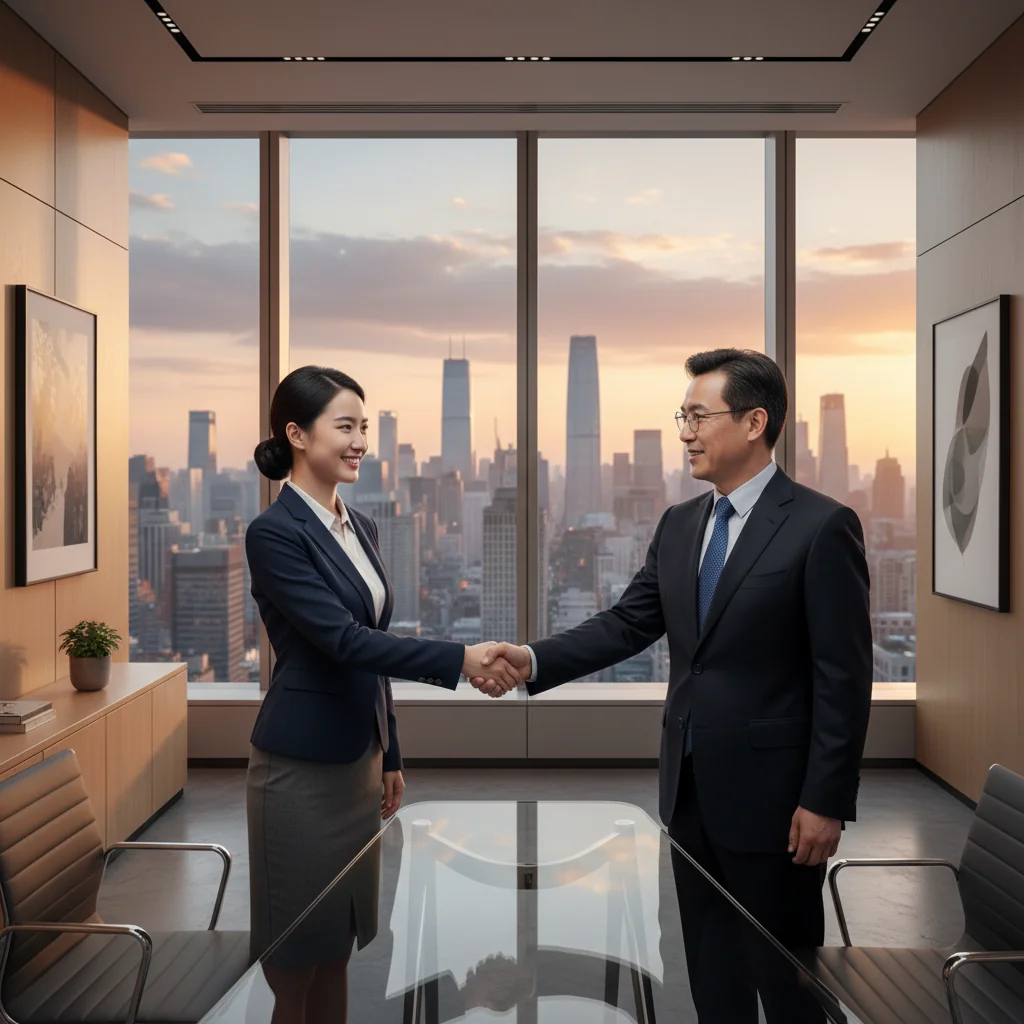 A photorealistic image of a young professional Chinese woman in a modern office setting, confidently shaking hands with a recruiter during a job interview, symbolizing career opportunities and recommendation for employment in Chinese companies. The scene conveys success, professionalism, and aspiration in the job market, with no children present.