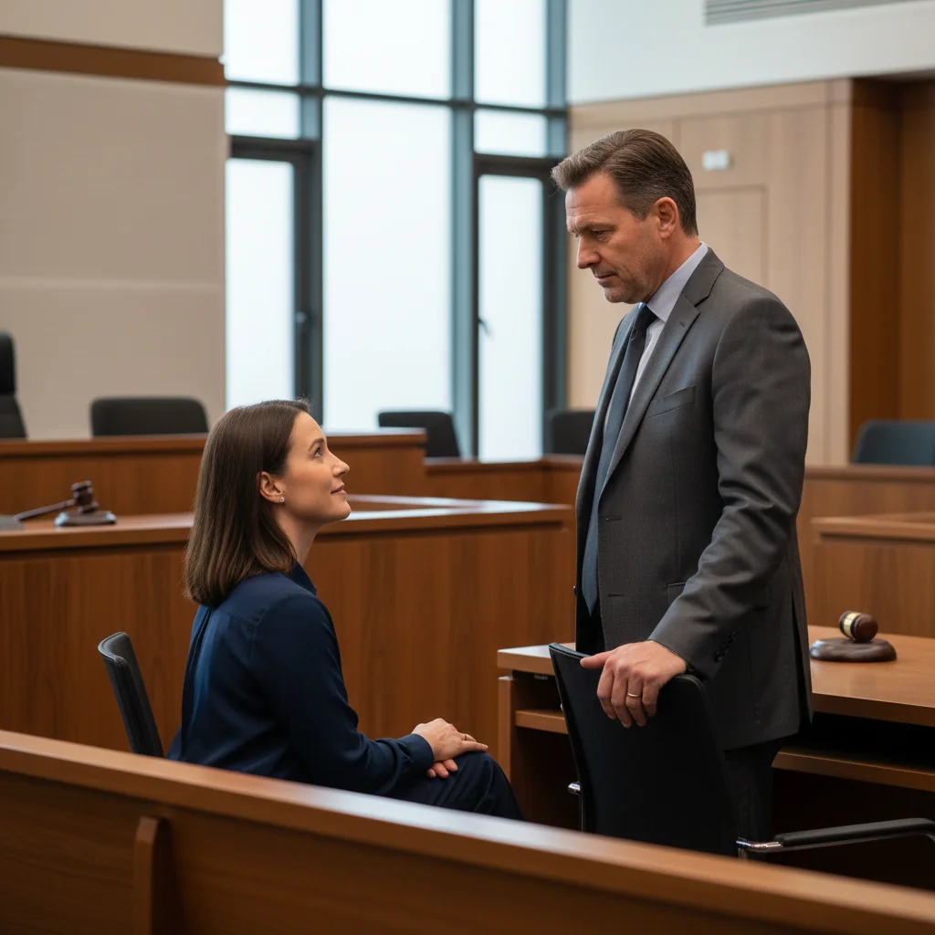 A photorealistic image of a professional lawyer in a modern courtroom setting, consulting with an adult client during a trial, symbolizing the preparation and use of character references in legal proceedings. The scene conveys trust, professionalism, and justice, with no documents visible. No children are present in the image.