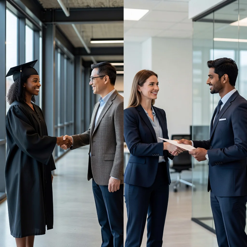 A photorealistic image representing career advancement and academic success through recommendations, showing a diverse group of young adults in professional and educational settings, such as a graduate shaking hands with a mentor in a university hallway and a professional receiving a certificate in an office, evoking opportunity and endorsement without focusing on documents.