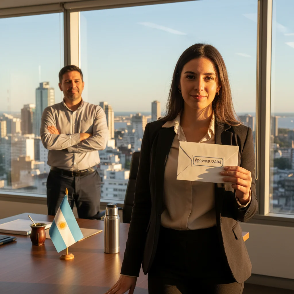 A photorealistic image of a professional adult in a modern Argentine office setting, shaking hands with a colleague after receiving a recommendation letter, symbolizing career advancement and personalized support in Argentina. The scene captures a moment of achievement and opportunity, with subtle Argentine elements like a flag or cityscape in the background. No children are present.
