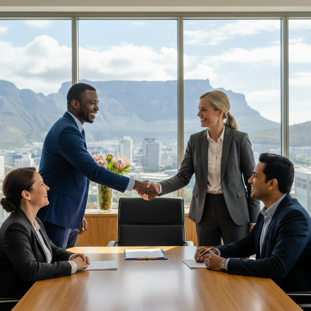 A photorealistic image of a diverse group of professional adults in a modern South African office setting, shaking hands and smiling confidently during a job interview, symbolizing successful job applications and recommendations. The scene includes elements like a cityscape view of Cape Town in the background to represent South Africa, with professionals dressed in business attire, conveying opportunity and career advancement.