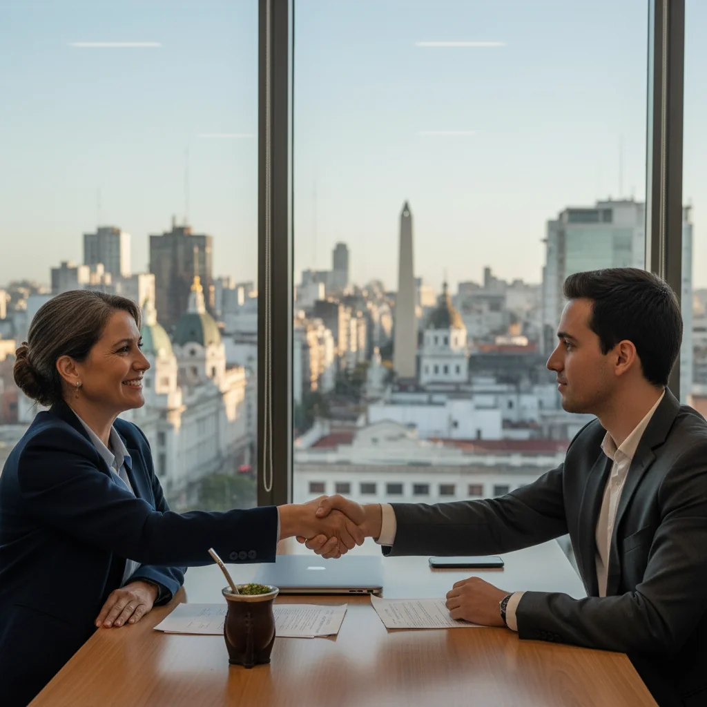 A photorealistic image of a professional adult mentor and a young adult professional shaking hands in a modern Argentine office setting, symbolizing successful recommendation and career advancement, with subtle Argentine cultural elements like a flag or mate in the background. No children present.