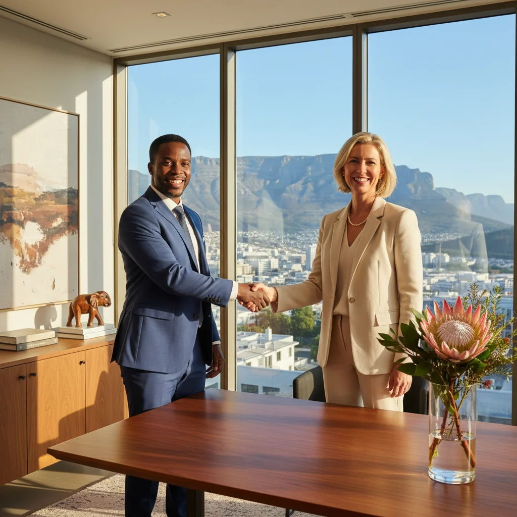 A photorealistic image of a professional adult shaking hands with a recruiter in a modern South African office, symbolizing the recommendation process for employment or academic opportunities, with subtle South African elements like a flag or landscape view in the background, no children or documents visible.