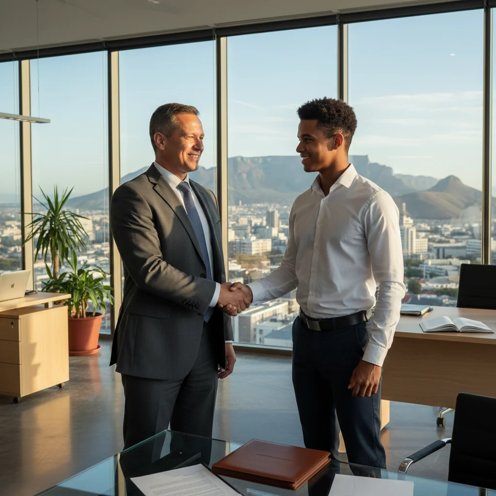 A photorealistic image of a professional mentor in South Africa guiding a young adult professional, symbolizing the recommendation and support in a letter of recommendation. The scene is set in a modern office or educational environment with South African elements like a subtle flag or landscape view in the background, conveying trust, opportunity, and career advancement. No children are present in the image.