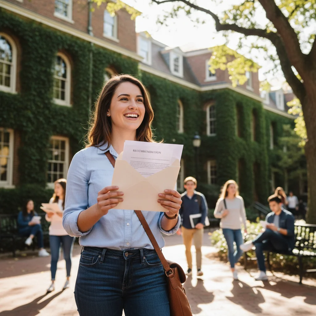 A photorealistic image of a young adult college student looking excited and relieved while holding a letter of recommendation in a university setting, symbolizing the positive impact of a strong recommendation on their US college application journey.