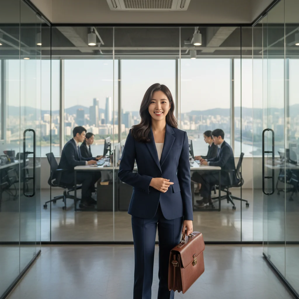 A photorealistic image of a young Korean professional in their mid-20s, dressed in business attire, standing confidently in a modern Seoul office environment with city skyline visible through large windows, symbolizing successful job preparation and career entry in Korea. No children present. The image captures aspiration and readiness for employment.