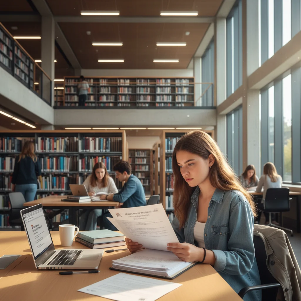 A photorealistic image of a young adult student in a university library, looking determined while reviewing application materials on a desk, symbolizing the importance of recommendation letters in college admissions. The scene captures ambition and academic pursuit without showing any children.