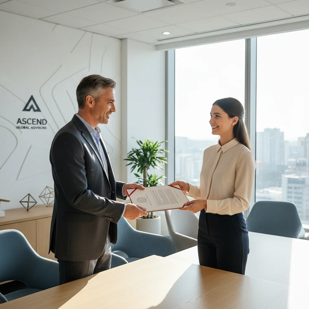 A photorealistic image depicting a professional mentor and a young adult professional in a modern office setting, engaged in a positive conversation about career advancement, symbolizing the supportive role of a recommendation letter.
