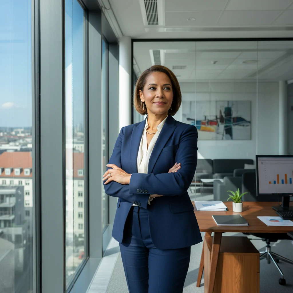 A photorealistic image of a professional adult employee in a modern German office setting, looking satisfied and confident after receiving positive feedback on their work performance, symbolizing the purpose of an employment reference document. No children present. The scene captures a moment of career achievement, with subtle German elements like a flag or architecture in the background.