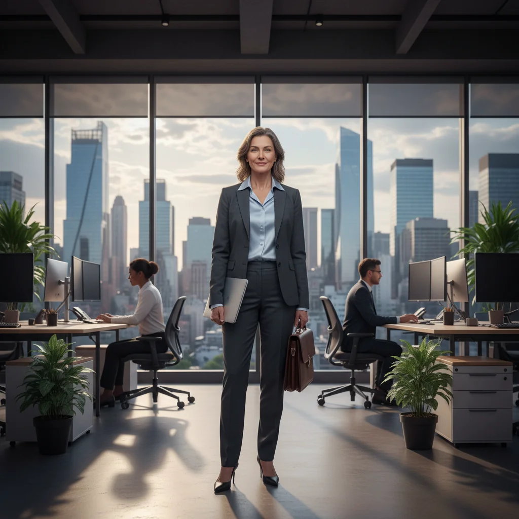 A photorealistic image depicting a confident adult professional in a modern office environment, symbolizing career success and professional achievement related to employment references.