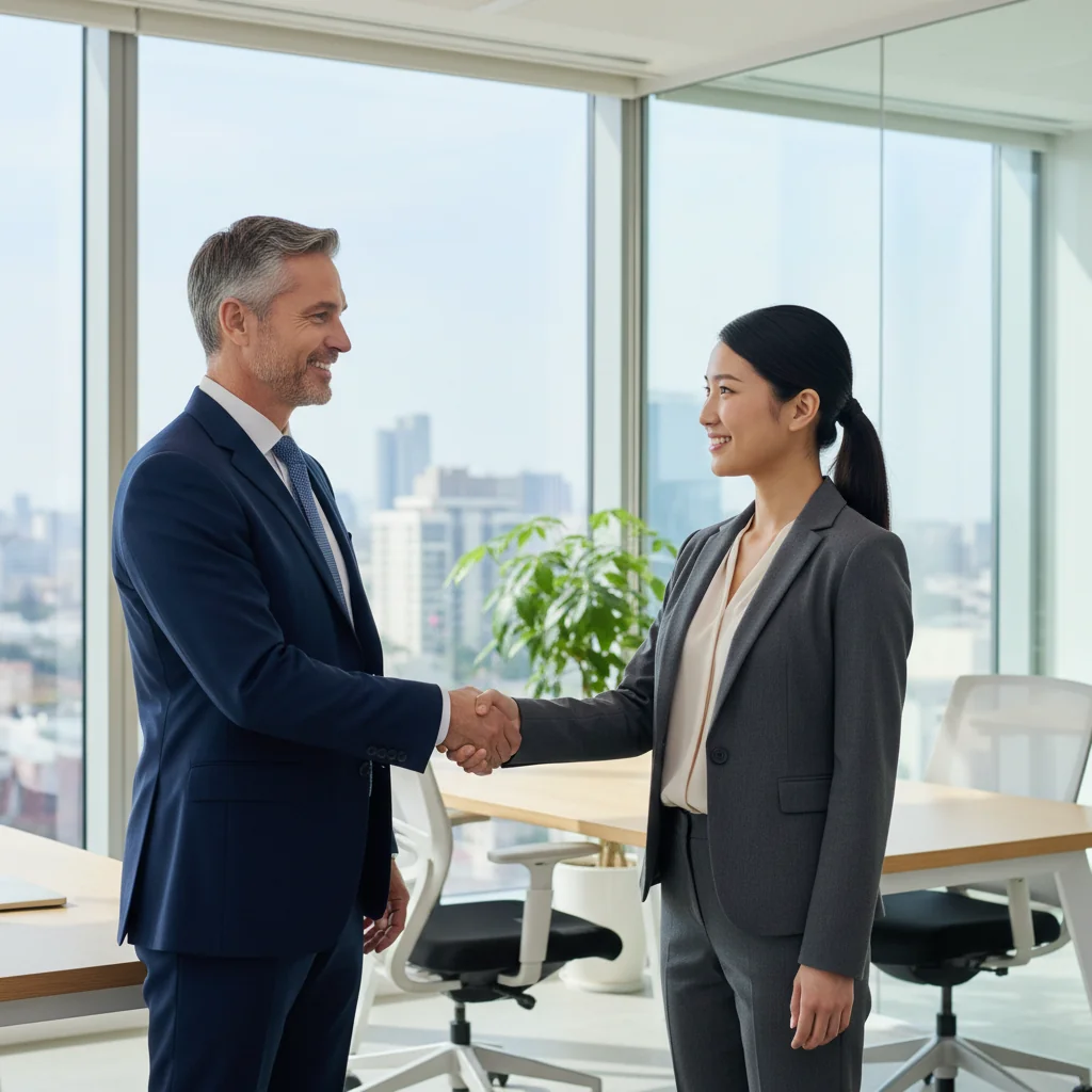 A photorealistic image depicting a professional handshake between a mentor and a job candidate in a modern office environment, symbolizing the endorsement and recommendation in a job reference letter, with no children present.