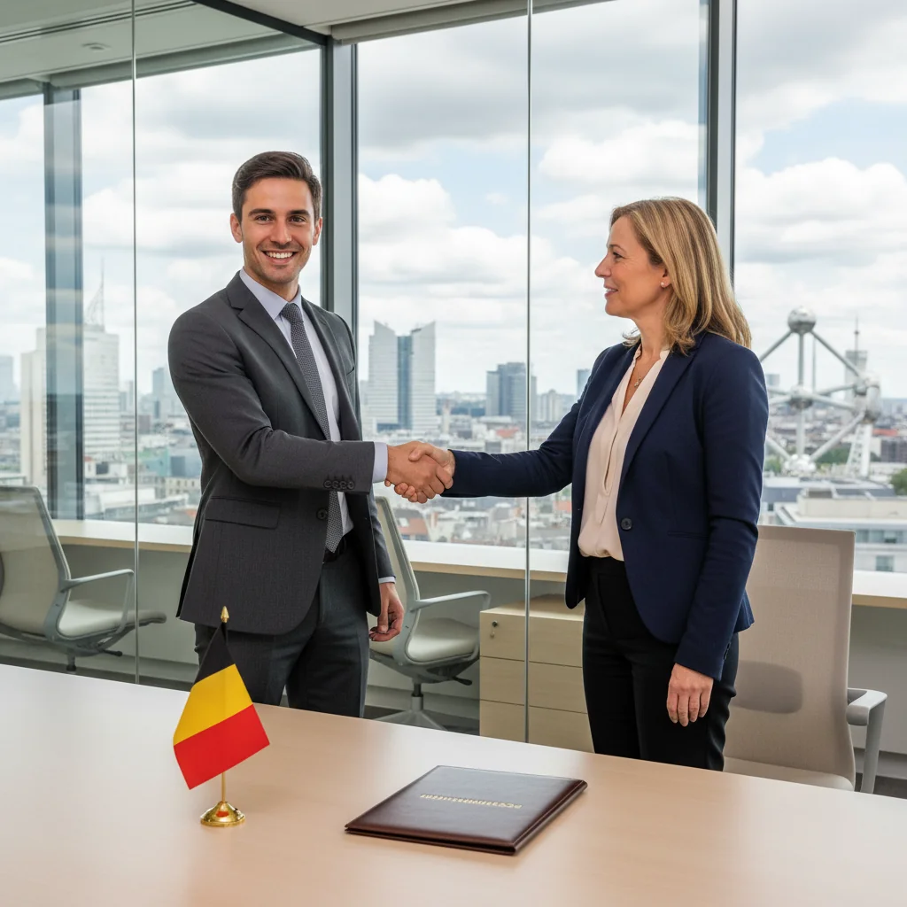 A photorealistic image of a professional adult shaking hands with a hiring manager in a modern Belgian office setting, symbolizing a successful job recommendation and employment opportunity in Belgium. The scene captures excitement and professionalism, with subtle Belgian elements like a flag or Brussels architecture in the background. No children are present.