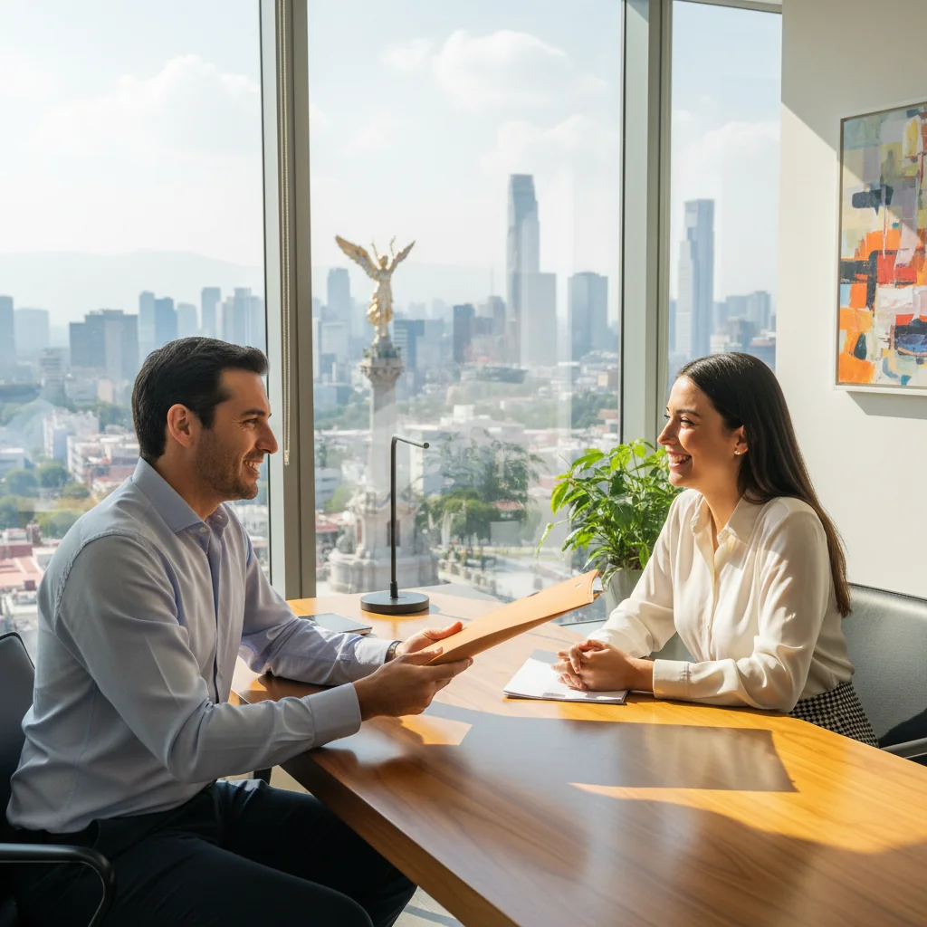 A photorealistic image of a professional Mexican adult mentor and a young adult mentee in a modern office setting in Mexico City, engaged in a positive discussion about career opportunities, symbolizing the recommendation and guidance aspect of a recommendation letter, with subtle Mexican cultural elements like a flag or landmarks in the background, no children present.