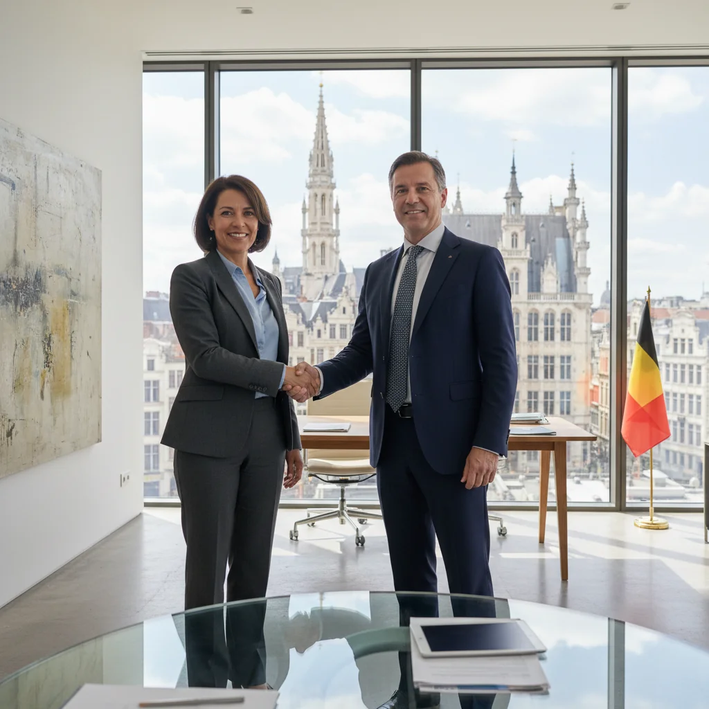 A photorealistic image representing the purpose of a recommendation letter in a Belgian professional context, showing a professional adult shaking hands with a business associate in a modern Belgian office setting, symbolizing endorsement and career advancement, with subtle Belgian elements like a flag or architecture in the background. No children are present. The image is strictly photorealistic, not a graphic or drawing.