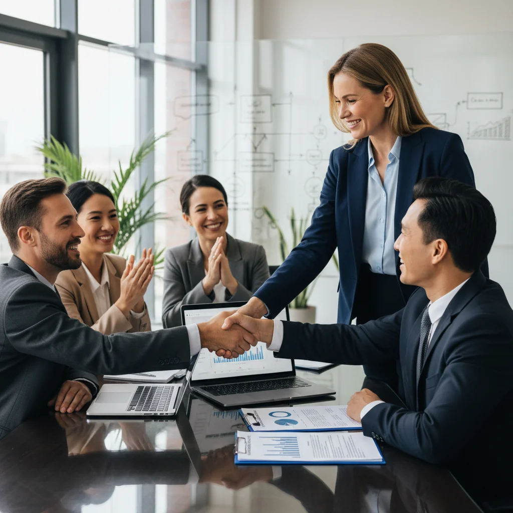 A photorealistic image of a professional adult in a business setting, such as an office or during a meeting, symbolizing the recommendation process for US letters of recommendation without showing any documents. The scene conveys success, endorsement, or career advancement, with no children present.