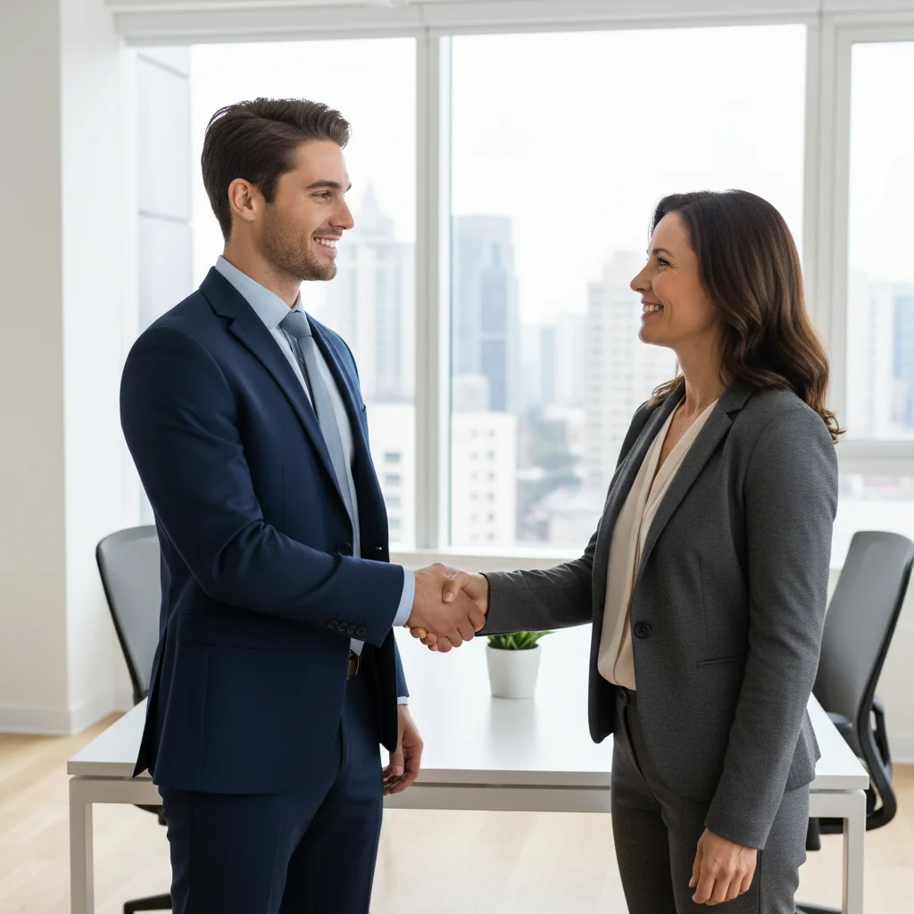 A photorealistic image of a confident young adult professional in a modern office setting, shaking hands with a recruiter across a desk, symbolizing successful job application and career opportunity.