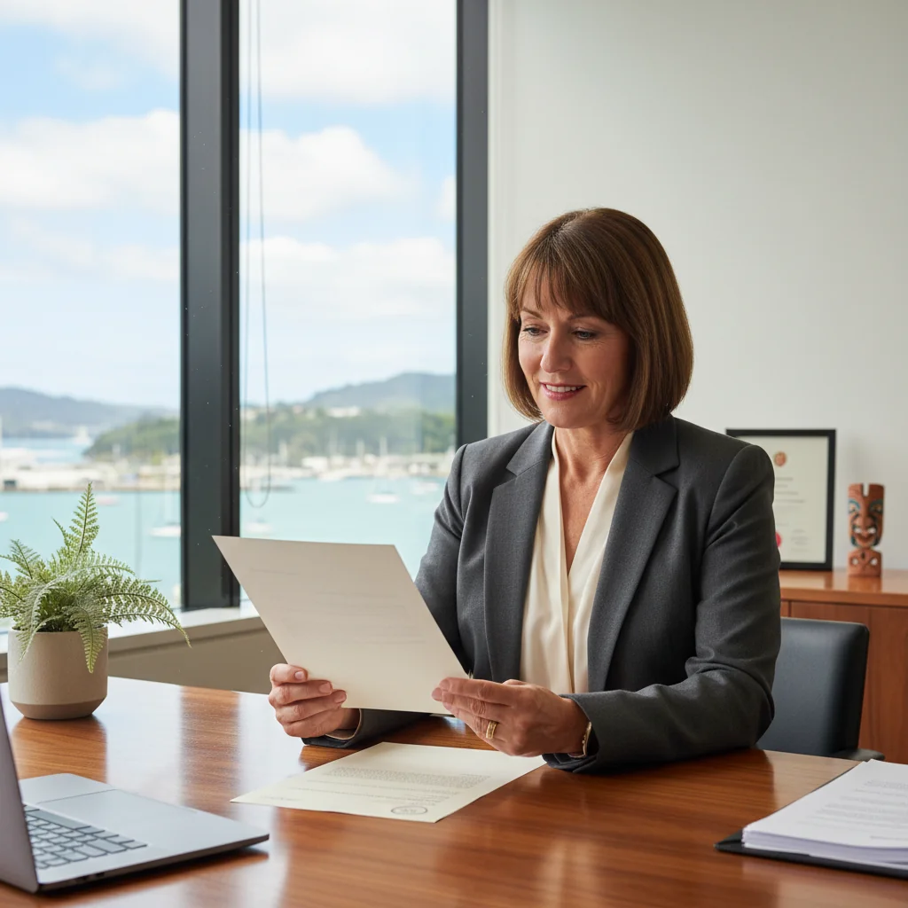 A photorealistic image of a professional adult in a modern New Zealand office setting, carefully reviewing a reference letter with a thoughtful expression, symbolizing the importance of legal requirements for such documents. The scene includes Kiwi cultural elements like a view of Auckland skyline through the window, emphasizing trust and professionalism in employment contexts. No children are present.