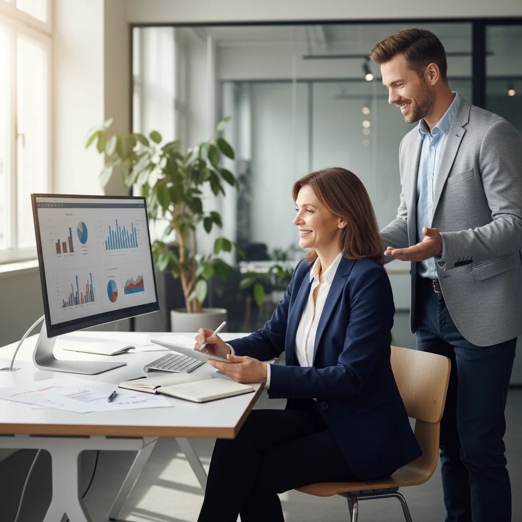 A photorealistic image of a professional adult employee in a modern office setting, discussing performance with a manager, symbolizing employee evaluation and characteristics for HR documentation.
