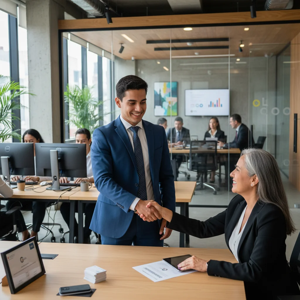 A photorealistic image depicting a professional Mexican workplace scene where an adult employee is shaking hands with a manager in a modern office, symbolizing career advancement and the role of recommendations in the job market, with diverse adult professionals in the background collaborating, no children present.