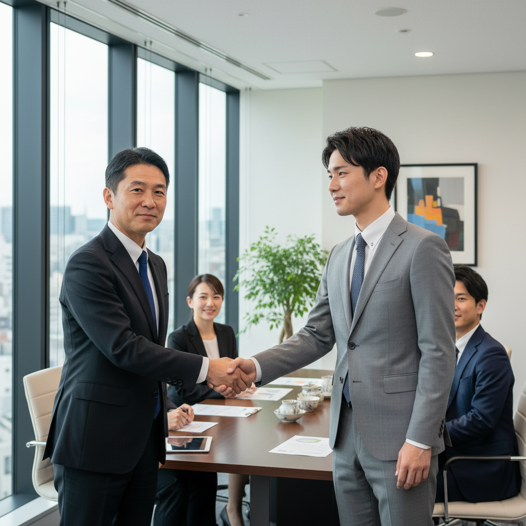 A photorealistic image of a professional Japanese business meeting where a manager is discussing a job opportunity with a candidate, symbolizing the recommendation process for employment in Japan. The scene includes adults in business attire in a modern office setting, no children present.