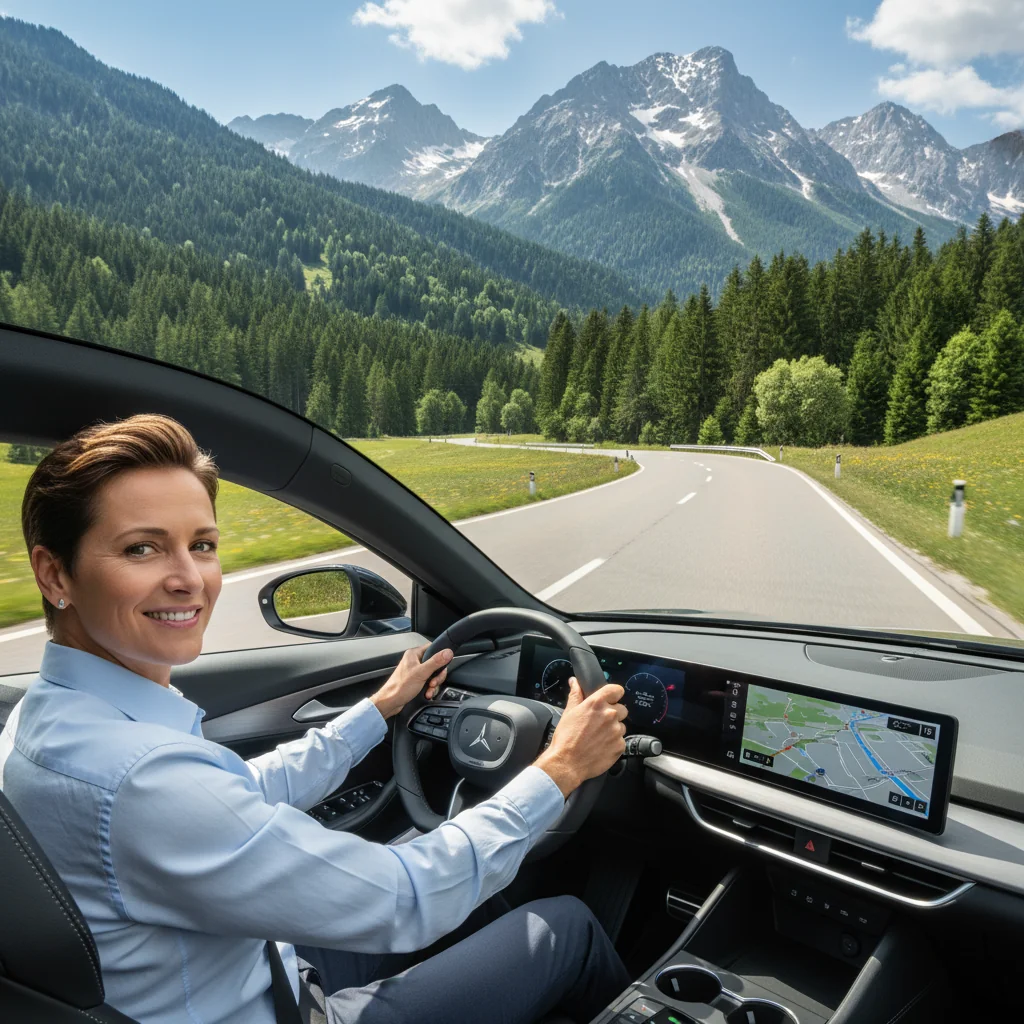 A photorealistic image of a professional adult individual confidently driving a car on a scenic Austrian road, symbolizing the purpose of obtaining a clean criminal record certificate for licensing or employment opportunities. The scene captures freedom and responsibility on the journey, with no documents visible and no children present.