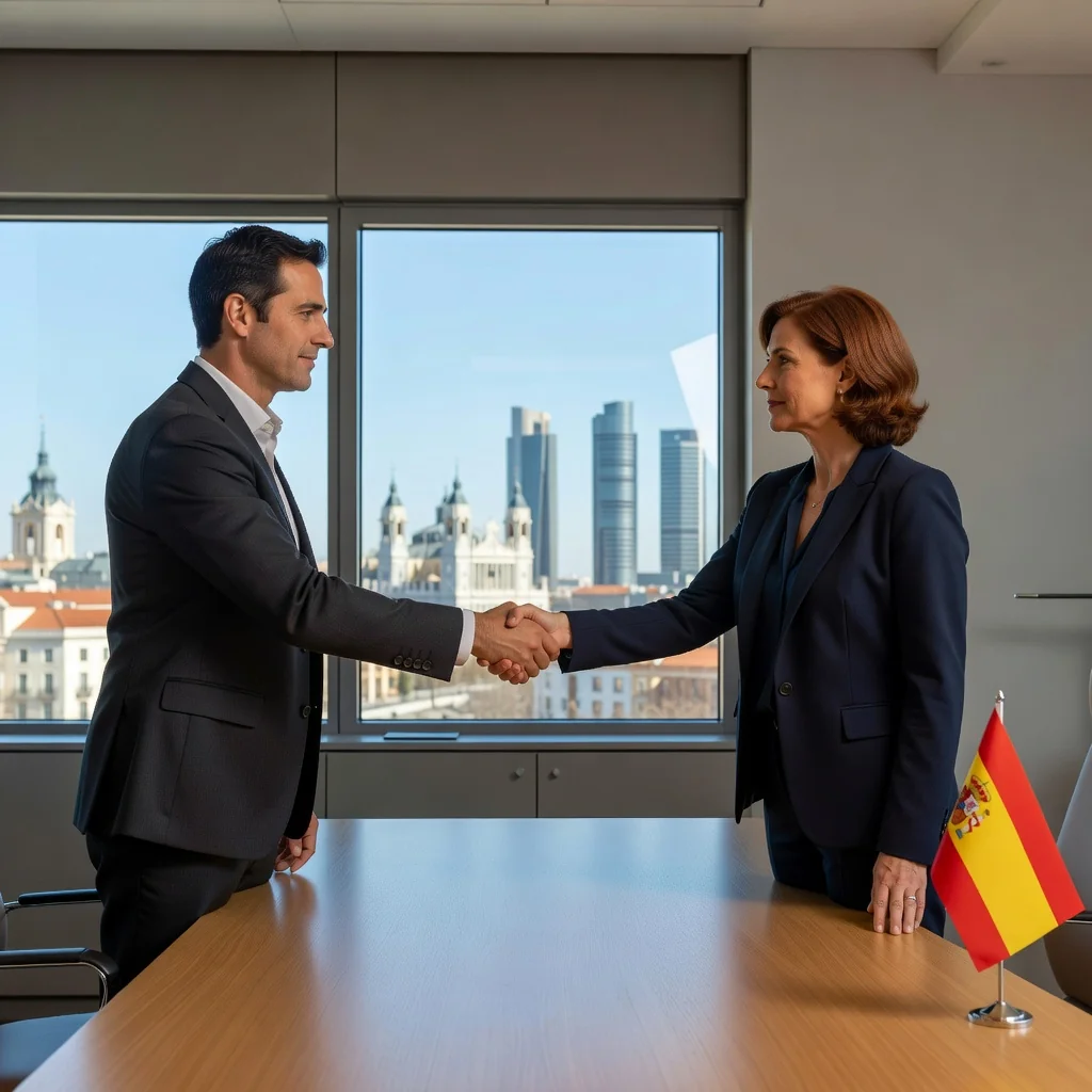 A photorealistic image of a professional adult in a modern Spanish office environment, shaking hands with a colleague during a job interview or promotion discussion, symbolizing career advancement and recommendation in the Spanish labor market. The scene conveys trust, professionalism, and legal compliance without showing any documents. No children are present.