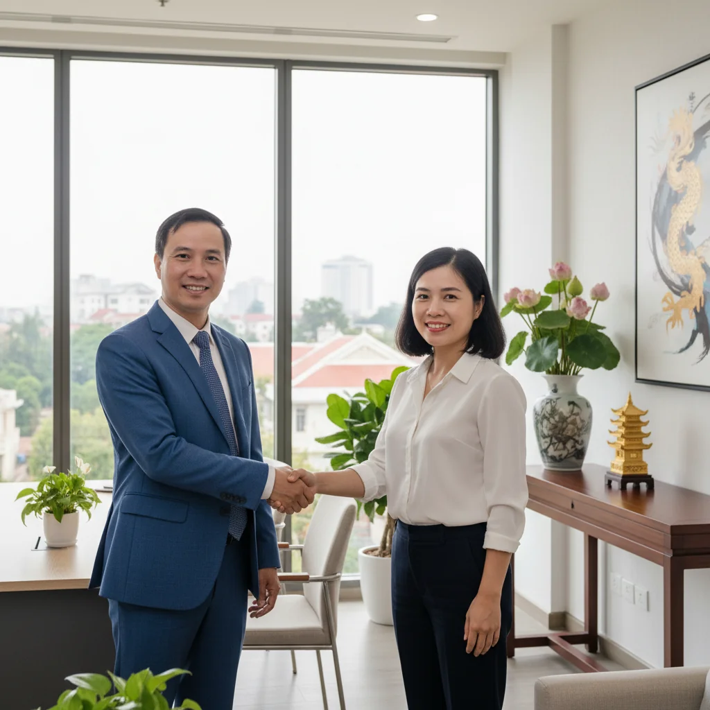 A photorealistic image of a professional adult in a business setting, such as an office or meeting, symbolizing the introduction and communication aspect of a formal Vietnamese introduction letter. The scene captures a confident adult professional engaging in a handshake or discussion with another adult, emphasizing professionalism and cultural etiquette in Vietnamese business communication. No children are present in the image.