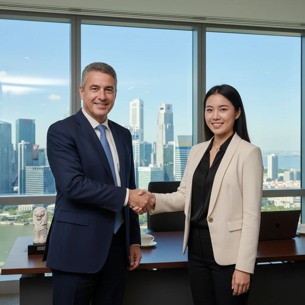A photorealistic image of a professional mentor and a young adult professional in a modern Singapore office setting, engaged in a supportive conversation about career guidance, symbolizing the recommendation and endorsement provided by a reference letter. The scene captures trust and professionalism, with elements like a city skyline view through the window to evoke Singapore.