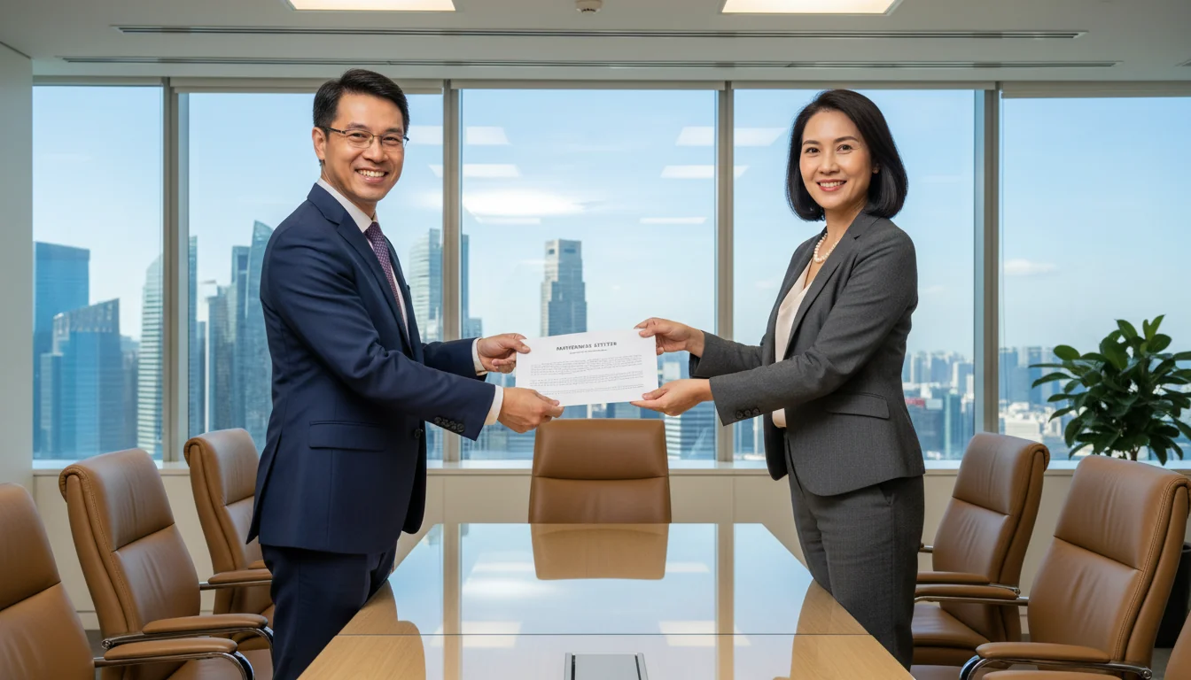 Two professionals exchanging reference letter