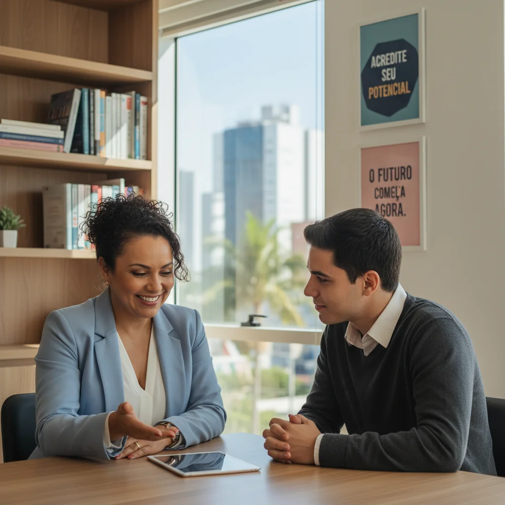 A photorealistic image of a professional mentor and a young adult professional in a modern Brazilian office setting, engaged in a supportive conversation about career guidance, symbolizing the recommendation process without showing any documents.