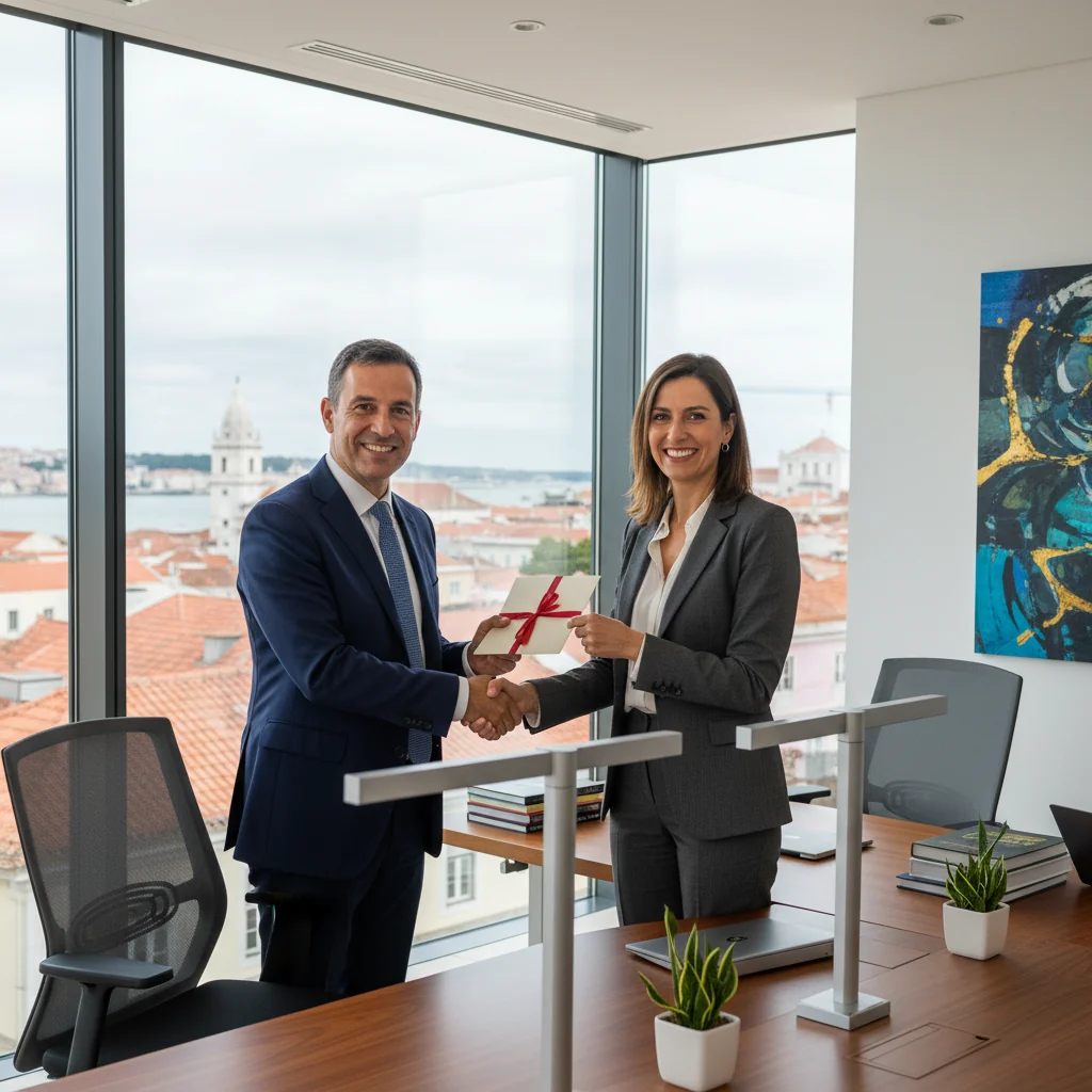 A photorealistic image of a professional in a modern Portuguese office setting, shaking hands with a colleague during a job interview or career advancement discussion, symbolizing the supportive role of a recommendation letter in professional growth.