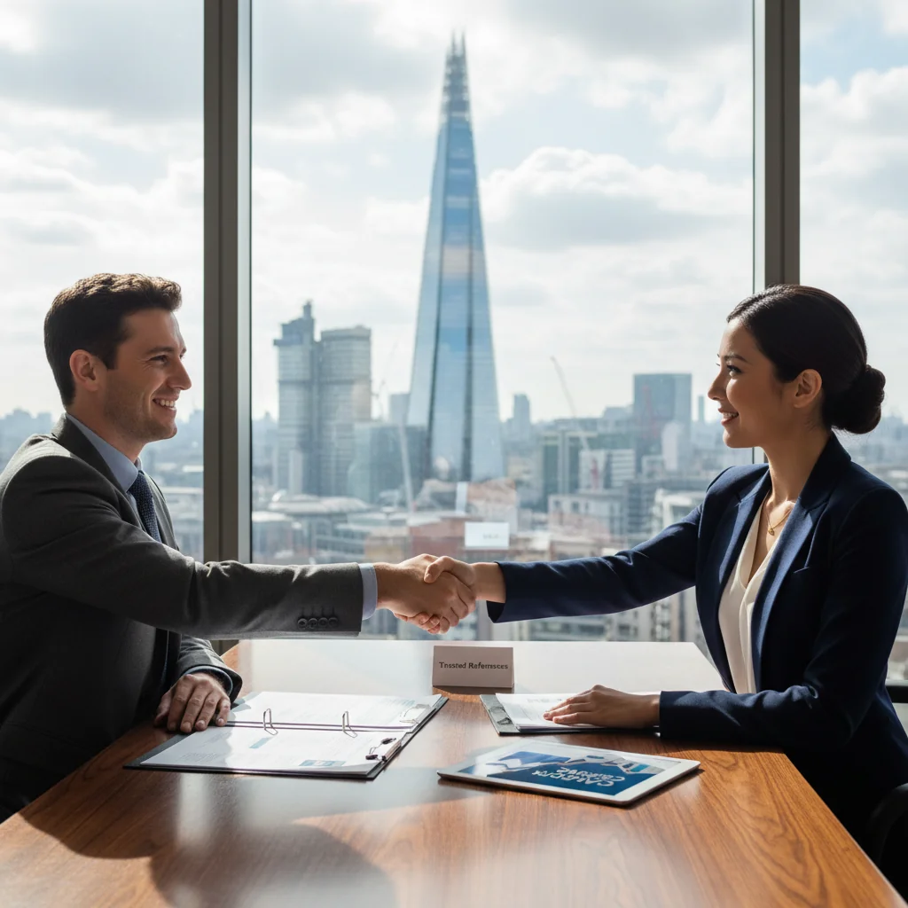 A photorealistic image of a professional adult shaking hands with a recruiter in a modern UK office environment, symbolizing the reference letter process in employment, with no children or documents visible.